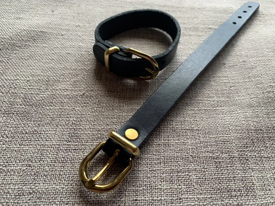 Black Picnic Strap 2 Utility Straps Real Leather Gilt Buckle Vintage 12mm V35